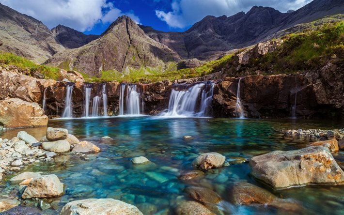 mountains, waterfalls, summer, rocks, scotland