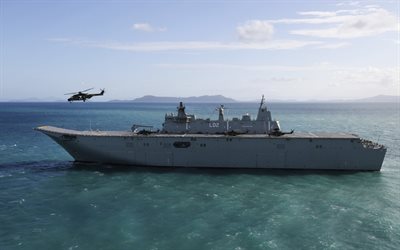 military ship, HMAS Canberra, amphibious assault ship, helicopter