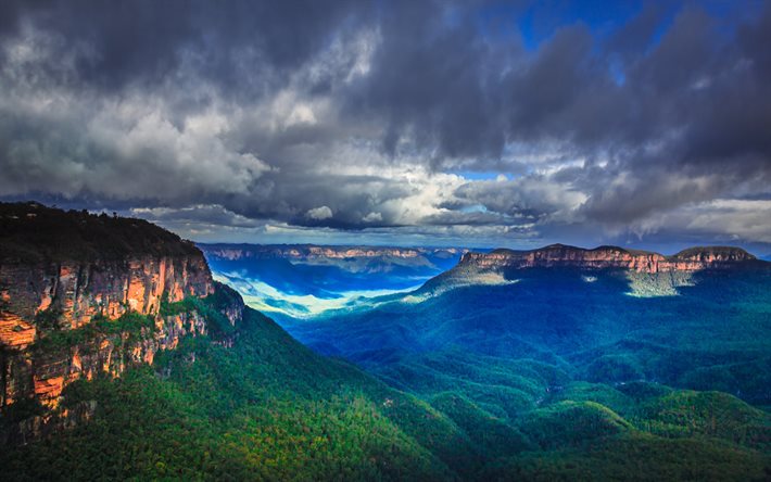 montanhas azuis, vale, nuvens, floresta, austrália