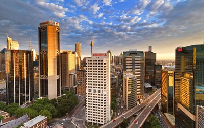 시드니, 일몰, 고층 빌딩, 저녁 도시, 호주