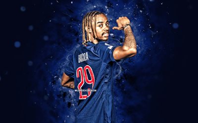 bradley barcola, 4k, néons bleus, paris saint germain, ligue 1, footballeurs français, bradley barcola 4k, football, psg, vue arrière, bradley barcola psg