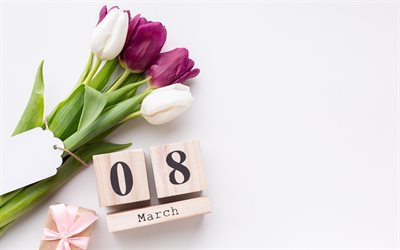 4k, felice 8 marzo, bouquet di tulipani, buon giorno delle donne, sfondi bianchi, modello di 8 marzo, tulipani, giornata internazionale delle donne, 8 marzo cartolina di auguri, 8 marzo