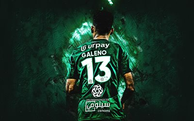 Galeno, Al-Ahli Saudi FC, Brazilian football player, green stone background, Wenderson Rodrigues do Nascimento Galeno, Al-Ahli, grunge art, Portugal, football, Galeno Al-Ahli
