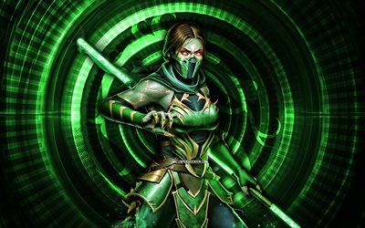 Jade, 4k, green spiral background, Mortal Kombat Mobile, creative, Mortal Kombat, Jade MK Mobile, Mortal Kombat characters