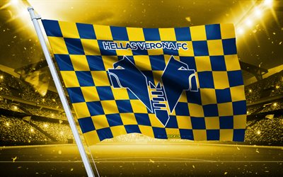 4k, logo hellas verona, club di calcio italiano, flag di stadio, flag dei fan di hellas verona, bandiera gialla blu, hellas verona emblem, serie a, italia, calcio, hellas verona fc