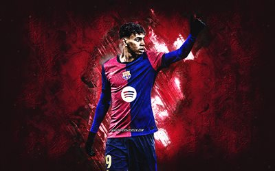 Lamine Yamal, FC Barcelona, Spanish football player, burgundy stone background, grunge art, La Liga, Spain, football, Lamine Yamal Barcelona