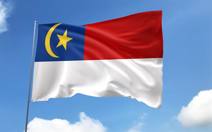 Malacca flag on flagpole, 4K, Malaysian states, blue sky, flag of Malacca, wavy satin flags, Malacca flag, states of Malaysia, flagpole with flags, Day of Malacca, Malaysia, Malacca