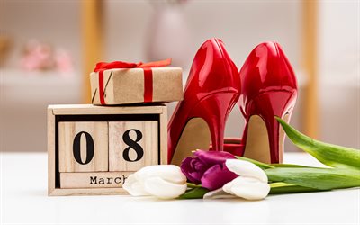4k, joyeux 8 mars, chaussures rouges, coffres cadeaux, bouquet de tulipes, bonne journée des femmes, arrière plan blancs, modèle du 8 mars, tulipes, journée internationale des femmes, 8 mars carte de voeux, 8 mars