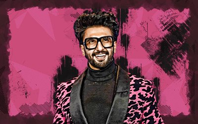 4k, Ranveer Singh, purple grunge background, indian actor, Bollywood, movie stars, artwork, picture with Ranveer Singh, indian celebrity, Ranveer Singh 4k