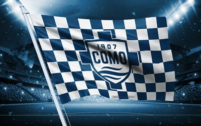 4k, logo como 1907, club di calcio italiano, flag di stadio, bandiera dei fan del 1907 como, bandiera bianca blu, emblema como 1907, serie a, italia, calcio, como fc