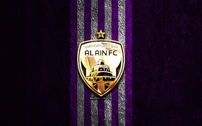 Al Ain FC golden logo, 4k, violet stone background, Saudi Professional League, Saudi football club, Al Ain FC logo, football, Al Ain FC emblem, Al Ain FC, soccer, Al-Ain FC, Al Ain