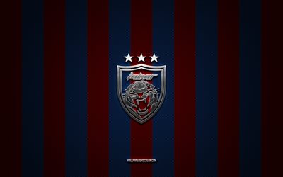 Johor Darul Tazim FC logo, JDT, Malaysian football team, Malaysia Super League, blue red carbon background, Johor Darul Tazim FC emblem, football, Johor Darul Tazim FC, Malaysia, Johor DT