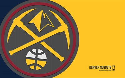 Denver Nuggets logo, 4k, yellow blue background, carbon art, Denver Nuggets emblem, American basketball club, NBA, USA, Denver Nuggets, basketball