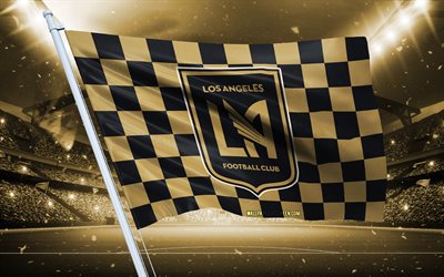4k, 로스 앤젤레스 fc 로고, 미식 축구 클럽, 경기장 깃발, 로스 앤젤레스 fc 팬 깃발, 골드 블랙 깃발, 로스 앤젤레스 fc 엠블럼, mls, 미국, 축구, 로스 앤젤레스