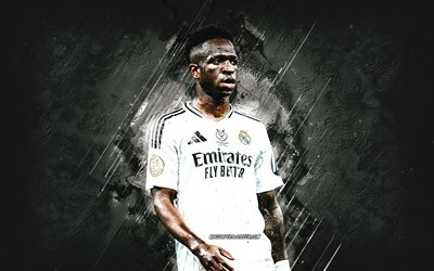 vinicius junior, real madrid, calciatore brasiliano, sfondo di pietra bianca, la liga, spagna, champions league, vinicius jr, vinicius junior real madrid, grunge art, calcio
