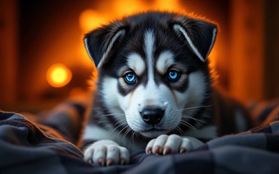 cachorro malamute de alaska, 4k, bokeh, hogar, animales lindos, manta a cuadros, de cerca, cachorros, bosque, perros, bozal, malamute de alaska, mascotas, perro en manta, perro malamute de alaska