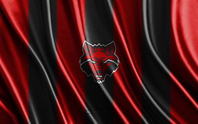 4k, Arkansas State Red Wolves logo, NCAA, red black silk texture, Arkansas State Red Wolves flag, American football club, silk flag, USA, Arkansas State Red Wolves