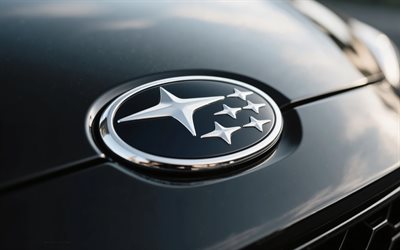 logotipo de subaru, 4k, capucha negra, signo de subaru, emblema de subaru, logotipo de subaru en el capó negro, autos japoneses, subaru