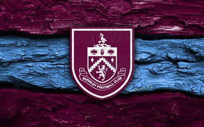 Burnley FC wooden logo, 4k, purple blue wooden background, Premier League, soccer, Burnley FC logo, football, Burnley FC emblem, Burnley FC, english football club, FC Burnley