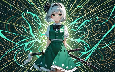 4k, youmu konpaku, fondo abstracto verde, espadas, proyecto touhou, manga, personajes touhou, touhou, konpaku youmu, personajes de anime, youmu konpaku touhou