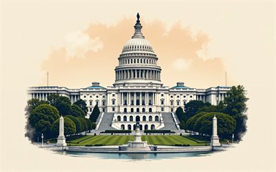United States Capitol, Washington, 4k, vector art, Capitol, USA, T-shirt art, bridge, Capitol Building, United States Capitol art, Washington Landmark, drawings, Washington art