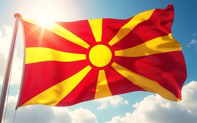 bandera de macedonia del norte en el asta de la bandera, 4k, bokeh, bandera de macedonia del norte, cielo azul, bandera de macedonia, europa, ondas de tela bandera de macedonia del norte, macedonia del norte