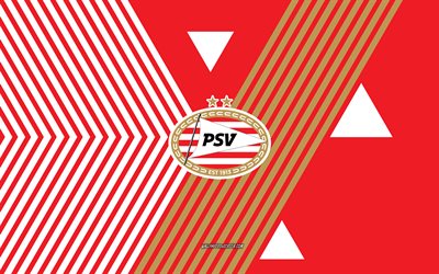 PSV Eindhoven logo, 4k, Dutch football team, PSV logo, red white lines background, PSV Eindhoven, Eredivisie, Netherlands, line art, PSV Eindhoven emblem, football, PSV