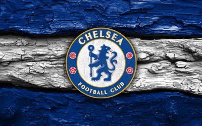 Chelsea FC wooden logo, 4k, blue white wooden background, Premier League, soccer, Chelsea FC logo, football, Chelsea FC emblem, Chelsea FC, english football club, Chelsea logo, Chelsea