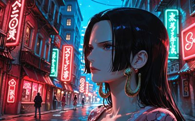 4k, boa hancock, calle, una pieza, noche, de cerca, ojos rojos, obra de arte, luces de neón rojas, emperatriz pirata, personajes de una pieza, piratas kuja, manga, boa hancock una pieza