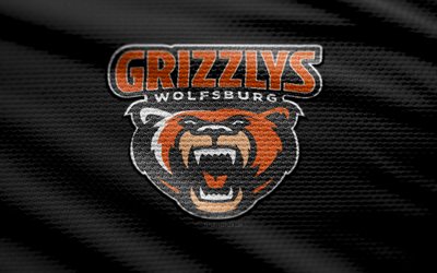 그리즐리 볼프스부르크 패브릭 로고, 4k, 검은색 직물 배경, 델, 보케, 하키, 그리즐리 볼프스부르크 로고, 그리즐리 볼프스부르크 엠블럼, 독일 하키팀, 그리즐리 볼프스부르크