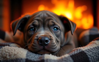 4k, cachorro pitbull americano, de cerca, hogar, animales lindos, manta a cuadros, bokeh, cachorros, perros, bozal, pitbull americano, mascotas, perro en manta, perro pitbull americano