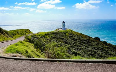 केप रींगा लाइटहाउस, 4k, समुद्री दृश्यों, क्षितिज, गर्मी, प्रकाश स्तंभ, न्यूज़ीलैंड, खूबसूरत परिद्रश्य