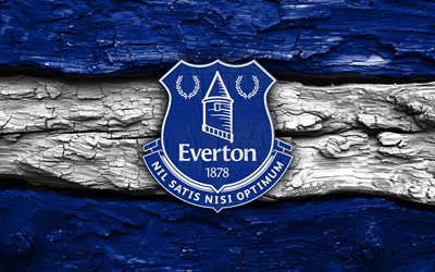 Everton FC wooden logo, 4k, blue white wooden background, Premier League, soccer, Everton FC logo, football, Everton FC emblem, Everton FC, english football club, Everton logo, Everton