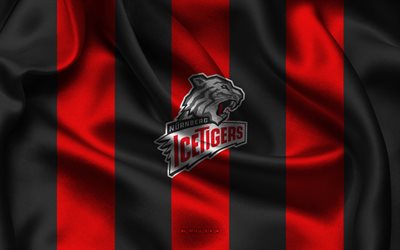 4k, logo des tigres de glace de nuremberg, équipe allemande de hockey sur glace, tissu de soie rouge noir, del, emblème des tigres de glace de nuremberg, tigres de glace de nuremberg, allemagne, hockey, panneau des tigres de glace de nuremberg
