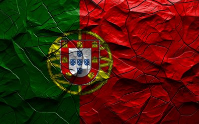 4k, bandiera del portogallo, struttura della pietra, europa, bandiera del portogallo 3d, sfondo con crepe, portogallo, bandiera portoghese
