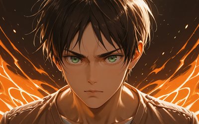 eren jaeger, 4k, rayons de néon orange, créatif, l'attaque de titan, yeux verts, mangas, shingeki no kyojin, personnages d'anime, protagoniste, personnages de l'attaque des titans, eren jaeger l'attaque de titan