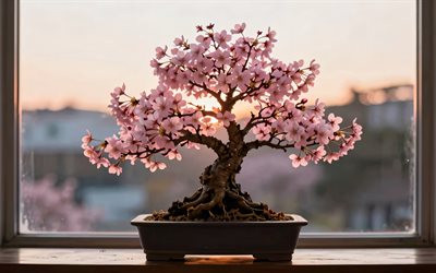 4k, bonsái, primavera, cerezo en miniatura, noche, atardecer, flor de cerezo, pequeño bonsái de cereza, cereza de barbados, prunus, cerezo en flor japonés, malpighia emarginata, pequeños bonsais de cerezo