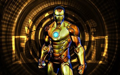 lámina dorada iron man fortnite, 4k, fondo espiral amarillo, fortnite, creativo, piel de iron man con lámina dorada, piel de iron man con lámina dorada de fortnite, hombre de hierro de lámina de oro, personajes fortnite