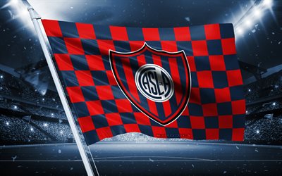 4k, logo de san lorenzo de almagro, club de football argentin, drapeau du stade, drapeau des supporters de san lorenzo de almagro, drapeau bleu rouge, emblème de san lorenzo de almagro, première division argentine, argentine, football, san lorenzo de almagro