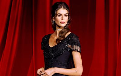 4k, kaia gerber, vestido negro, sesión de fotos de harper's bazaar, actriz estadounidense, hollywood, belleza, estrellas americanas, actriz popular, celebridad americana, estrellas de cine, sesión de fotos de kaia gerber