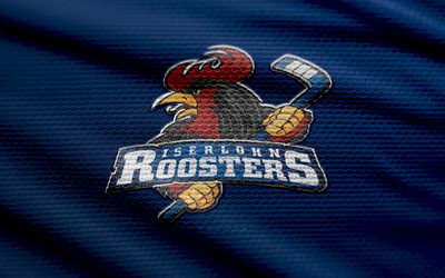 iserlohn roosters 패브릭 로고, 4k, 블루 패브릭 배경, 델, 보케, 하키, 이절론 루스터스 로고, 이절론 루스터스 엠블럼, 독일 하키팀, 이절론 수탉