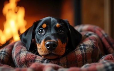 4k, Dobermann puppy, close-up, fireplace, cute animals, checkered blanket, bokeh, puppies, dogs, muzzle, Dobermann, pets, dog in blanket, Dobermann Dog