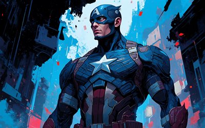 capitaine amérique, 4k, fond abstrait bleu, super héros, marvel bandes dessinées, obscurité, art vectoriel, capitaine amérique 3d, oeuvre d'art, dessins de captain america, fan art, capitaine amérique 4k