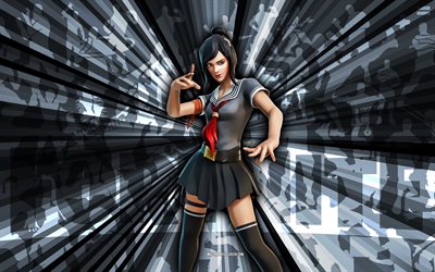 4k, Human Tsuki, gray rays background, Hiro Human Tsuki, Human Tsuki Fortnite, abstract art, Fortnite Human Tsuki Skin, Fortnite characters, Fortnite, creative art