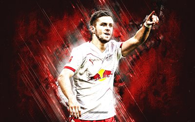 Christoph Baumgartner, RB Leipzig, Austrian footballers, red stone background, grunge art, football, soccer, Bundesliga, Austria, RasenBallsport Leipzig, Christoph Baumgartner RB Leipzig