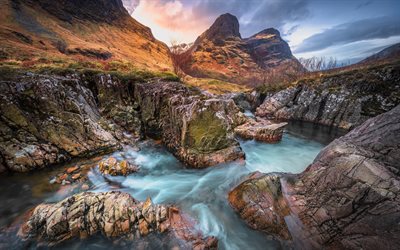 gebirgsfluss, abend, sonnenuntergang, felsen, gebirgsbach, frühling, schmelzwasser, berglandschaft, klares wasser