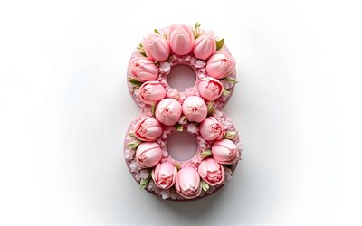 8 mars, låda i form av siffran 8, vit bakgrund, internationella kvinnodagen, rosa pioner, 8 mars koncept, 8 mars mall, 8 mars gratulationskort, pioner