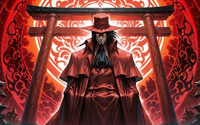 alucard, 4k, puerta torii, oscuridad, infierno, impermeable rojo, conde drácula, torii, manga, dorakyura, manga hellsing, personaje de alucard, arte alucard, personajes infernales, alucard hellsing