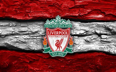 liverpool fc ahşap logosu, 4k, kırmızı beyaz ahşap arka plan, premier lig, futbol, liverpool fc logosu, liverpool fc amblemi, liverpool fc, ingiliz futbol kulübü, liverpool, lfc