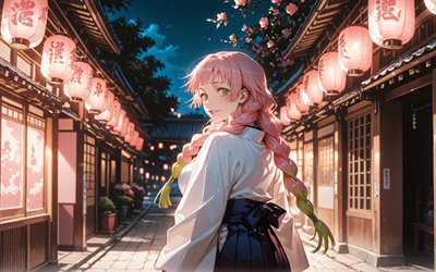Mitsuri Kanroji, 4k, spring, japanese lanterns, Demon Slayer, night, protagonist, pink hair, Demon Slayer Kimetsu no Yaiba, manga, Kanroji Mitsuri, Demon Hunter, Mitsuri Kanroji Kimetsu no Yaiba